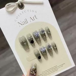100% HANDMADE Artificial Nail Gradient Dark 3D Butterfly Love Between Fairy and Devil Phototpy Nails Reusable and Removable Nails