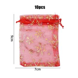 YESPERY 10Pcs Snowflake Foil-printed Gauze Bags Christmas Snowflake Drawstring Pouch Wedding Candy Jewelry Gift Bag Christmas Decoration ﻿