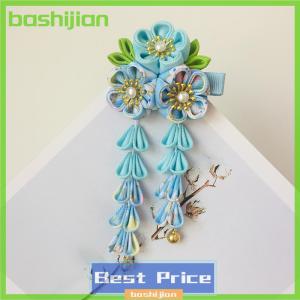 bashijian Japanese Kimono Fabric Flower Folding Fan Children Hair Accessories Clip Tassel Headwear Headdress Barrette