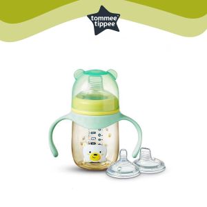 Tommee Tippee Trainer Sippy Cup 6oz Transition Cup With Med Flow Teat and Silicone Spout Wide Neck PPSU Baby Bottle/Drinking Bottle 2 in1