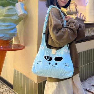 CRNGW Large Capacity Y2k Kitty Embroidery Bag New Design Korean Style Crossbody Shoulder Bag Casual Drawstring Nylon Lightweight Bag Women