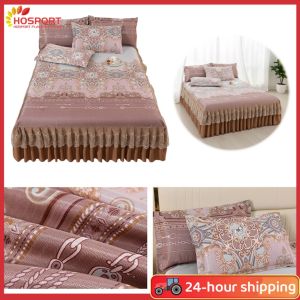 Soft Ice Silk Bedding Set 3 Pieces with Ruffle Bed Skirt and Pillowcases Breathable Fabric for Comfortable Sleep and Decor