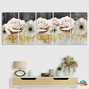TENNESY Hiasan Dinding 1 Set Abstrak 3D Bunga Gold 75x30CM 5 Panel Wall Decor Dekorasi Ruang Tamu
