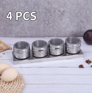 4/6 Pcs Magnetic Spice Tins Stainless Steel Spice Jars with Wall Base Wall Mounted Seasoning Container Conditment Storage for Kitchen BBQ Easy to Clean Rust-proof