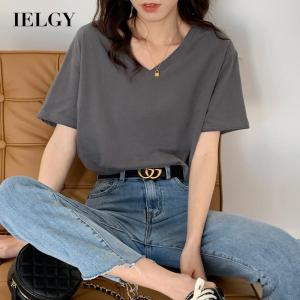 IELGY womens white V-neck short-sleeved T-shirt