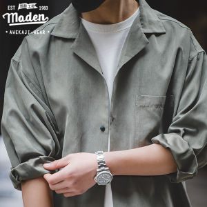 Maden Thương Hiệu Phong Cách Dụng Cụ Nam Thanh Niên Quý Ông Mỹ Giản Dị Cổ Áo Cuba Áo Có Tay Nhật Bản Phong Cách Đường Phố Lỏng Vải Da Đào Cổ Chữ V Áo Sơ Mi Nam Đơn Giản