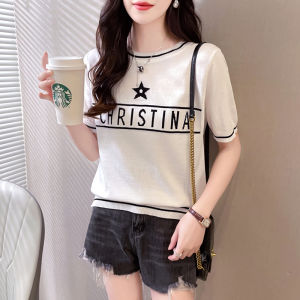 LUCKIN STORE Womens Round Neck Tops Letter Korean Knit Sweater Loose Contrast Color Short Sleeve T-Shirt 2026 Summer New Plus Size Blouse