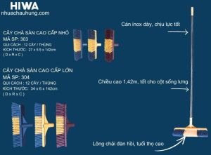 Chà sàn lông cứng cán inox cao cấp PHÚC HƯNG PHÁT SG size bàn chải nhỏ R27xD142cm lớn R34xD142cm