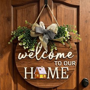NOBLELYN 2D Flat 2D Round Welcome Sign Cat Print Retro Style Round Doorplate  Warm Home Hanging Plaque Front Door Decor