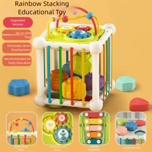 GOLDVAULT Multifunctional Educational Shapes Game Cube Shape Matching Cube 8-in-1 Educational Play Games Creative Rainbow Colorful Blocks Stacking Learning Toys