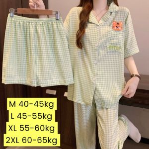 (SG Seller) Women Pajamas Set Cloud Cotton Loungewear Short sleeve Top + Long Pants + Shorts 3 Piece Set Casual Homewear