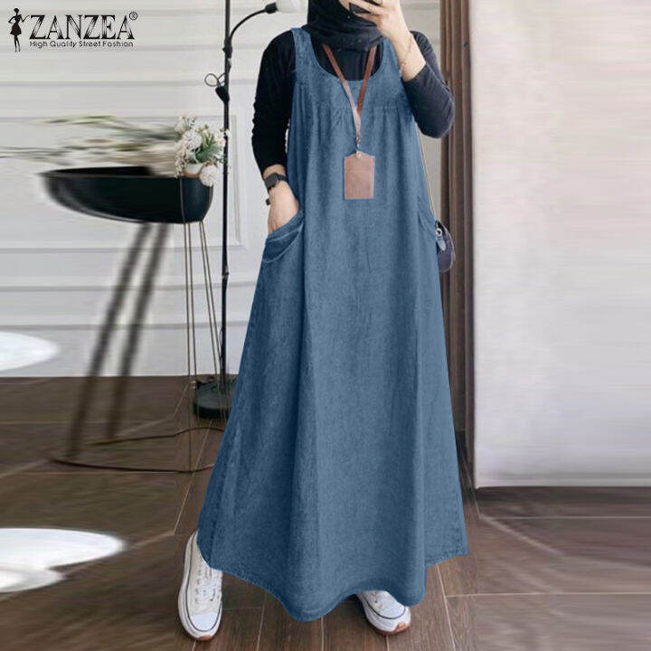 ZANZEA Muslimah Women Muslim Raya Clothes Sleeveless Round Neck Side Pockets Casual Denim Dresses Lazada Singapore