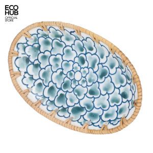 Đĩa trang trí bằng mây khay gốm sứ viền mây ECOHUB đựng đồ trang sức bộ quà tặng nhà mới (Rattan Decorative Tray)