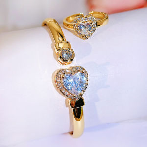 SEQUITO Elegant Brides Jewelry Set Golden Zircon Blue Green White Heart Adjustable Bangle Ring for Dancing SJ406