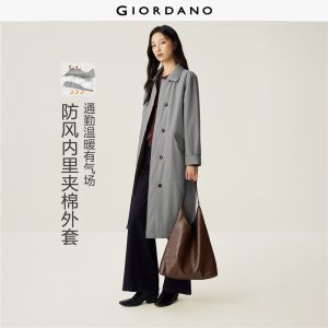 GIORDANO Women Coats Striped-Lined Cuff Mid-Length Coats Quilted Lining Fashionable Casual Relaxed Coats 05375717