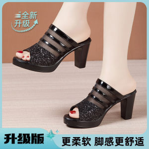 Free Shipping High-Heeled Chunky Heel Sandals For Women Genuine Leather 2026 Summer Thick-Soled Waterproof Platform Fashionable Large Size Open-Toe Slip-On Sandals