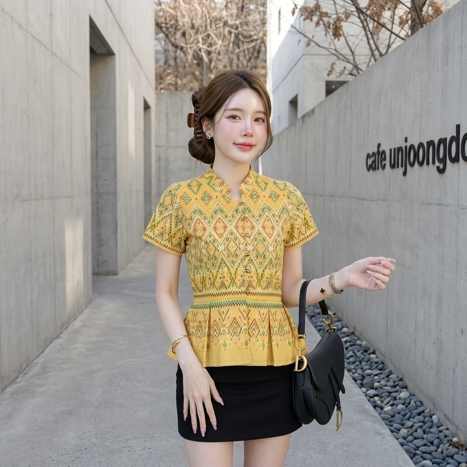LANNA เสื้อคอจีนระบายเอวเข้ารูป ผ้าฝ้ายพิมพ์ลายสวย ใส่ทำงานสุภาพ ไซส์S-XXL มุมมองที่ 6