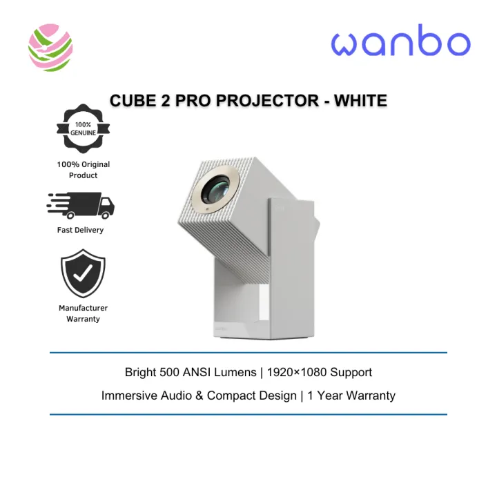 WANBO Projector Android 14, 1080P, 500 ANSI, Auto-Focus, EUPlug, Battery Excluded, White - Cube 2 Pro-WH