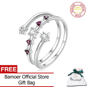 BAMOER Nhẫn Ngôi Sao Nhiều Lớp Bằng Bạc Sterling 925 Nhẫn Zircon Trong Và Đỏ Cho Nữ Quà Tặng Sinh Nhật Thời Trang Trang Sức Tinh Xảo BSR310