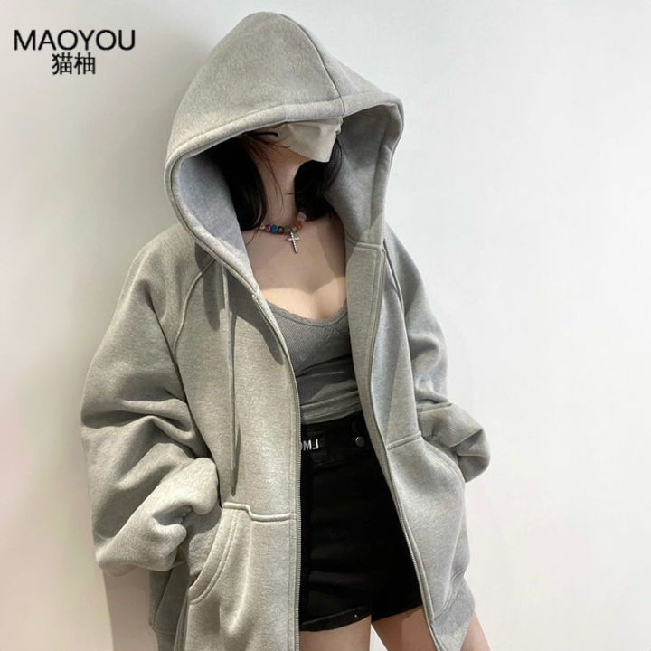 Grey silver fox zipper cardigan jacket, simple and lazy hooded loose fit  hoodie, casual top, hooded hoodie, worn outside Lazada PH