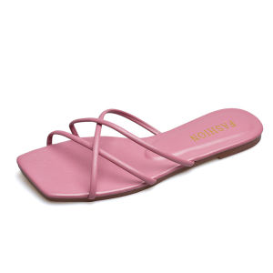 Free Shipping WomenS New Summer Outdoor Sandals Korean Style Simple Design Thin Straps Square Toe Flat Sole Beach Sandals Trendy