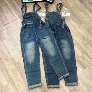 TIENSTYLE - Yếm Quần Jean Dài Hai Dây Rút Eo Một Túi Nhún Eo Không Giãn Dành Cho NữÁo Liền Thân