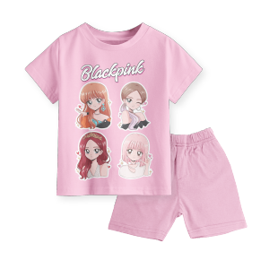 Setelan Kaos Celana Pendek Anak Perempuan Terbaru Motif Cartoon Blackpink