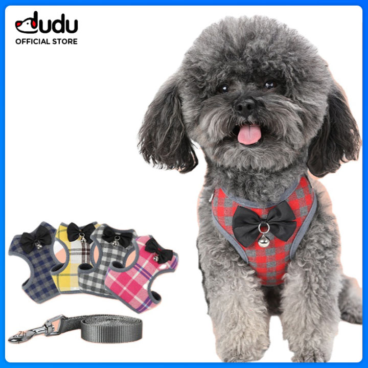 DUDU Pet Custom Fashion Adjustable Plaid Pet Collar and Leash Logo Printed  Cute Bowknot Dog Nylon Vest Collar Leash Set for Small and Medium Pets