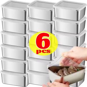 6Pcs Stainless Steel Crisper with Cover / Fresh-keeping Food Container / Picnic Bento Tray / Refrigerator Freezer Storage Box / Restaurant Kitchen Plate