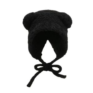 VMCTRD Cute Bear Ears Winter Hat Woolen Velvet Lining Windproof Cap Outdoor Plush Bucket Hat for Women
