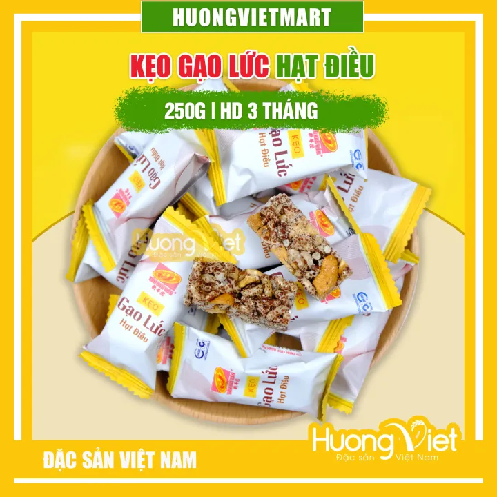 Kẹo gạo lức hạt điều Tân Huê Viên 250g kẹo gạo lứt sấy giòn xốp ít ngọt bao bì từng viên bánh kẹo tết đãi khách