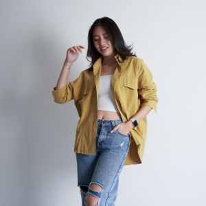 QUEENTIN Kemeja Oversize Wanita 98001 Jeans Wash Polos Lengan Panjang