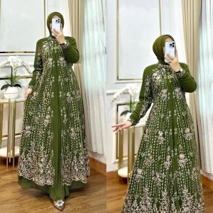 Baju Gamis Wanita Kondangan Viral 2024 Nadya Dress Ceruty Babydoll Mix Brukat Motif Bunga Cantik
