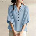 ZANZEA Korean Style Women Office Half Sleeve Wave Edge Blouses Shirt Collar Solid Color Work Top #0104. 