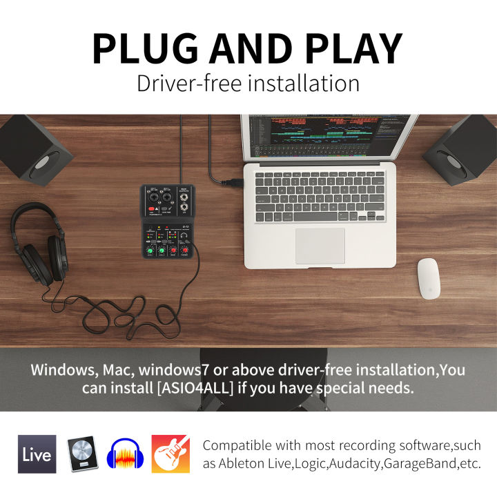 Mini Audio Interface Q-12 USB Recording Sound Card Support Stereo/Mono ...