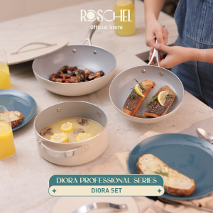 Roschel Diora Professional Series Set (FP 22 cm + Wok Pan 28 cm + Dutch Oven 20 cm) Ceramic Non-Stick Greblon CK2 German Coating Panci Set Wajan Penggorengan Fry Pan Anti Lengket Induksi RPP-005