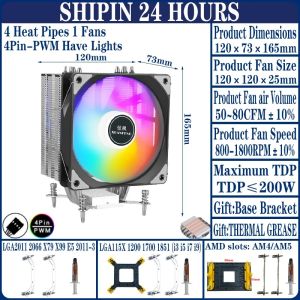XUANFENG CPU Cooler 120mm Fan 4pin/PWM High Performance Air cooled Processor Compatible LGA2011 2066 AM4 AM5 115x 1200 1700 1851