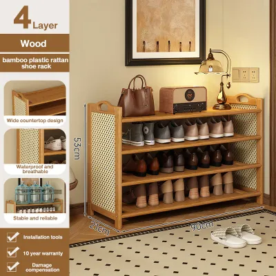 Bamboo Shoe Rack with Rattan Panels Large Capacity Shoe Organizer for Entryway Condo Hallway Storage