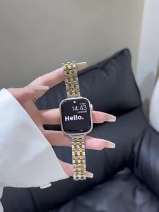 Applicable applewatch Watch Strap Slim Waist Five Bead Stainless Steel Metal Butterfly Clasp Strap Smart Watch Strap