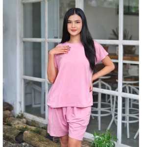 IXORA Setelan Wanita Pendek Polos O-Neck Casual One Set Hotpans Crinkle Airflow Kekinian