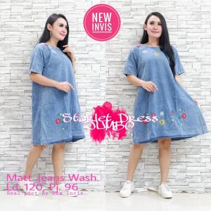 Starlia Dress Wanita Korea Jeans Jumbo XXL TERMURAH - Midi Dress Pesta Lengan Pendek - Sabrina Dress Denim Cantik - Dress Sabrina Wanita Model Terbaru