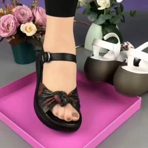 Leather platform soled soft-soled sandals womens fish mouth bow ethnic style wedge heel sandals