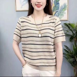 Yitiaoyu New Round Neck Striped Knitted Short Sleeve Openwork Sweater Loose T-shirt Top