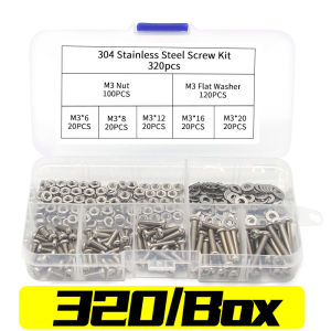320Pcs M3 Screws Stainless Steel Hexagon Socket Screws Bolt Nuts Set Round Flat Cap Head Bolt Washer Assortment Kit Hardware Fasteners