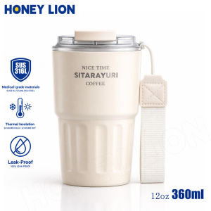 Aesthetic 360ML Vacuum Flask - Wide Woven Strap Water Bottle - SUS304 Food Grade Material - Double Wall No Sweat Cup for Office- HoneyLion