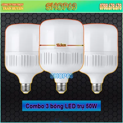 Combo 3 bóng đèn LED trụ tròn 50W - ánh sáng trắng siêu sáng tiết kiệm điện (bóng khổng lồ đường kính 135mm - bảo hành 12 tháng)