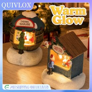 Mini Village Led Ornament Resin Figurine Santa Cabin Warm Light Tabletop Decor Battery Operated Christmas Gift Home