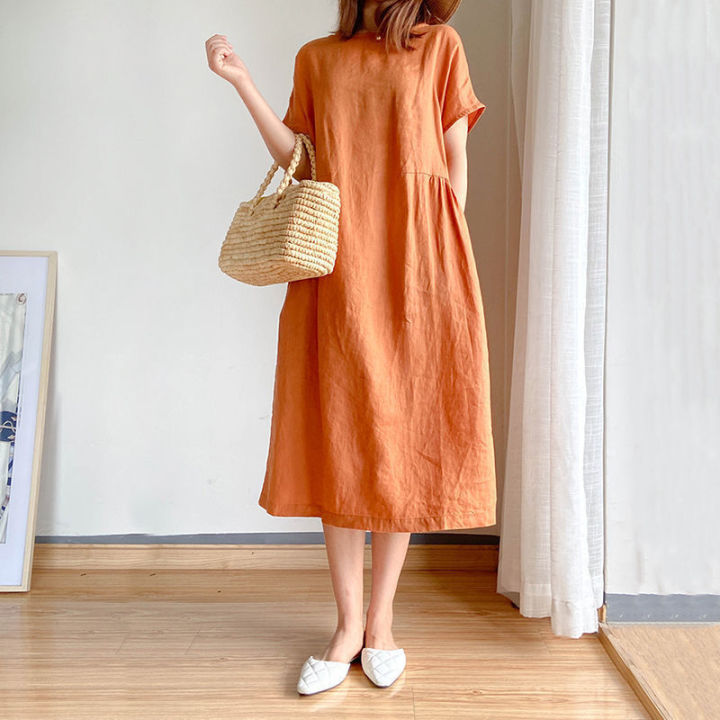 chinese dress ladies Women's Summer Literary Loose Pattern Print Medium Sleeve Cotton and Linen  Solid Colour Dress Five Point Sleeve Medium Length Dress, 62, S :  Amazon.de: Fashion main image 1