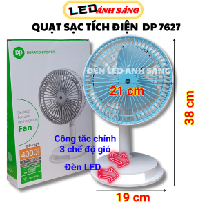 Quạt sạc điện để bàn DP-7627 Quạt sạc để bàn tích điện có đèn LED - Quạt mạnh dễ di chuyển kiểu dáng hiện đại