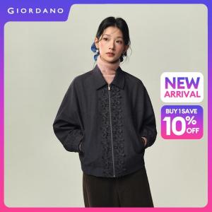 GIORDANO Women Jackets Lace Trim Zip Placket Denim-Like Jackets Turndown Collar Fashionable Casual Loose Jackets 18376206